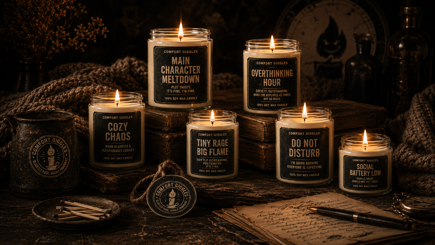 The Comfort Giggles candle collection — Cozy Chaos, Main Character Meltdown, Tiny Rage Big Flame, Overthinking Hour and Do Not Disturb