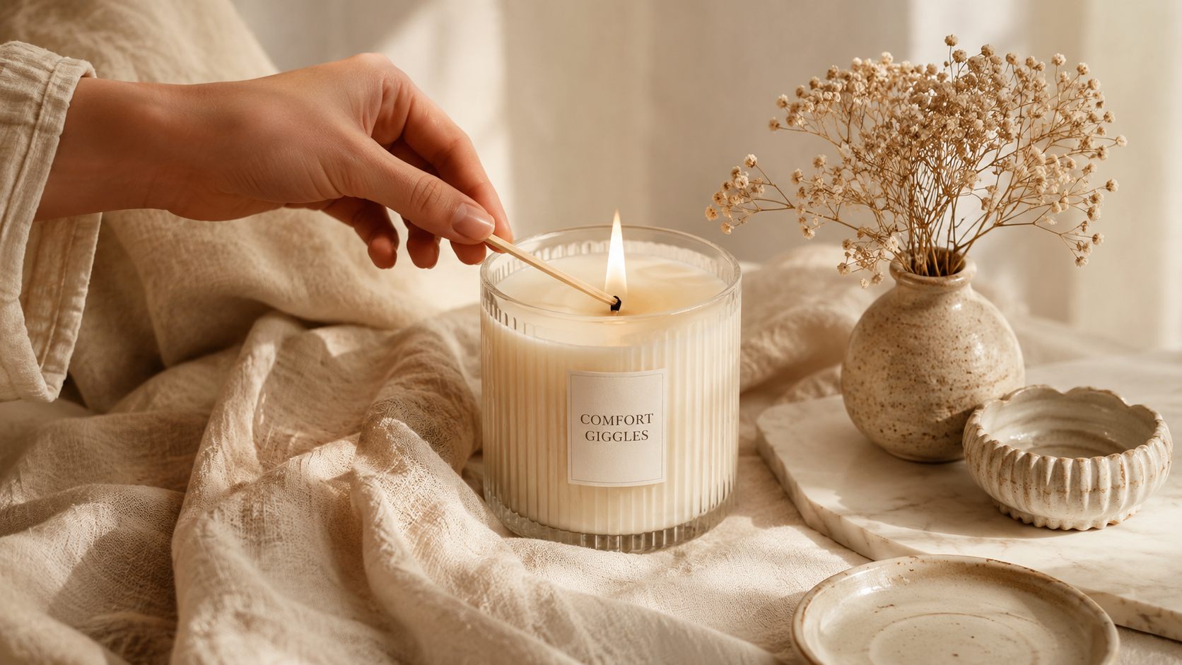 Comfort Giggles candle styled with dried flowers
